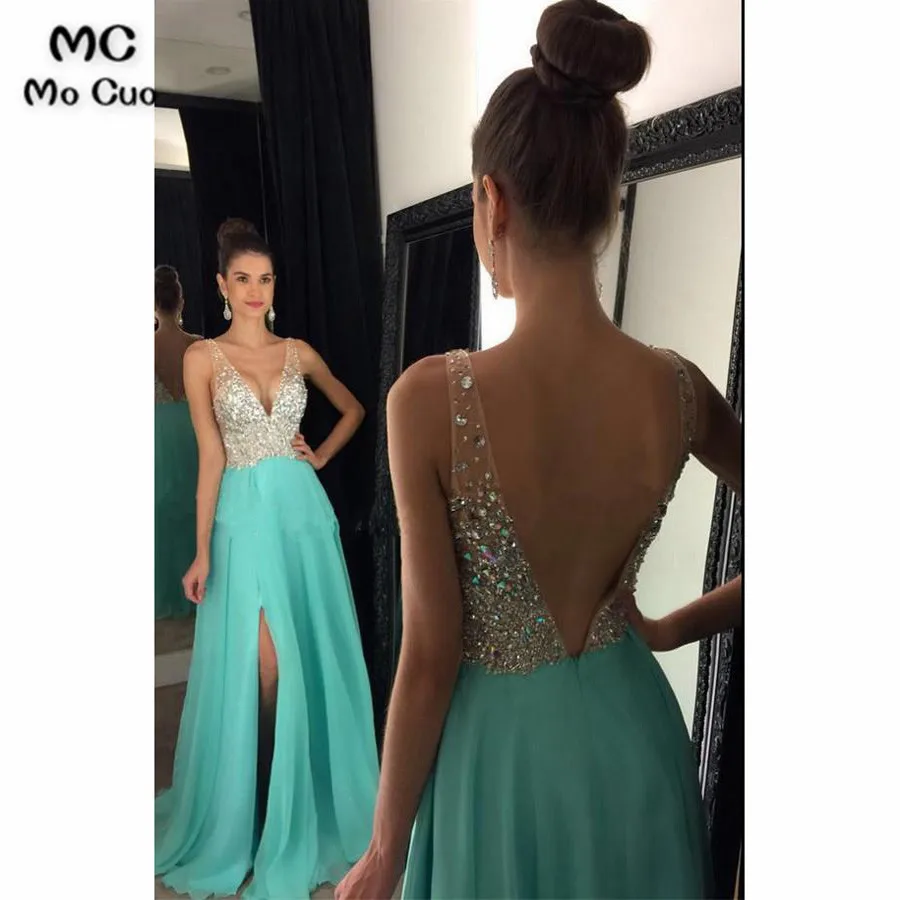 2018 блестящие вечерние платья Длинные с кристаллами без рукавов v-образный вырез