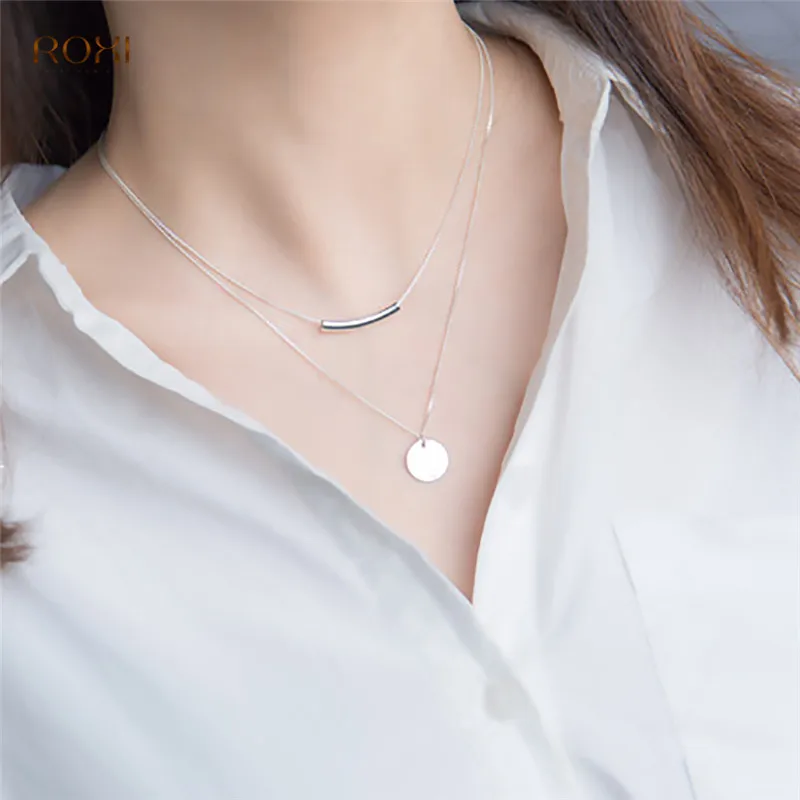 ROXI 925 пробы, серебряное ожерелье, Подвеска для женщин, простая Женская Длинная цепочка, монета, ожерелье, Двухслойное ожерелье, воротник