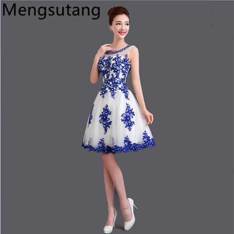 Robe de soiree короткое Кружевное u-образный Воротник голубое и белое фарфоровое синее свадебное вечернее платье vestido de festa Выпускные платья