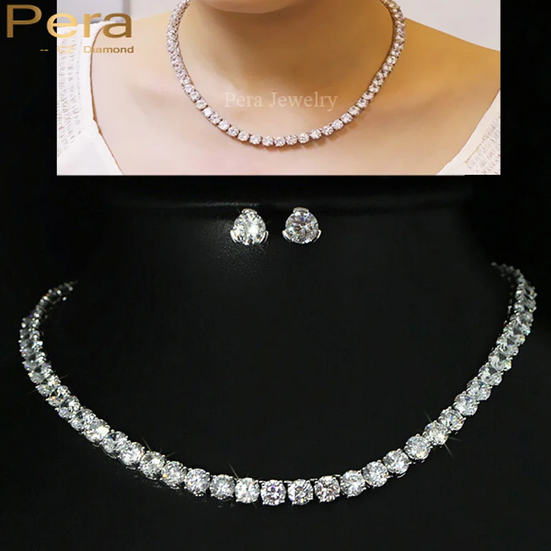 

Pera Sparkling 0.5 Carat Big Round American Cubic Zirconia Stone Bridal Necklace CZ Jewelry Sets For Wedding Accessories J046