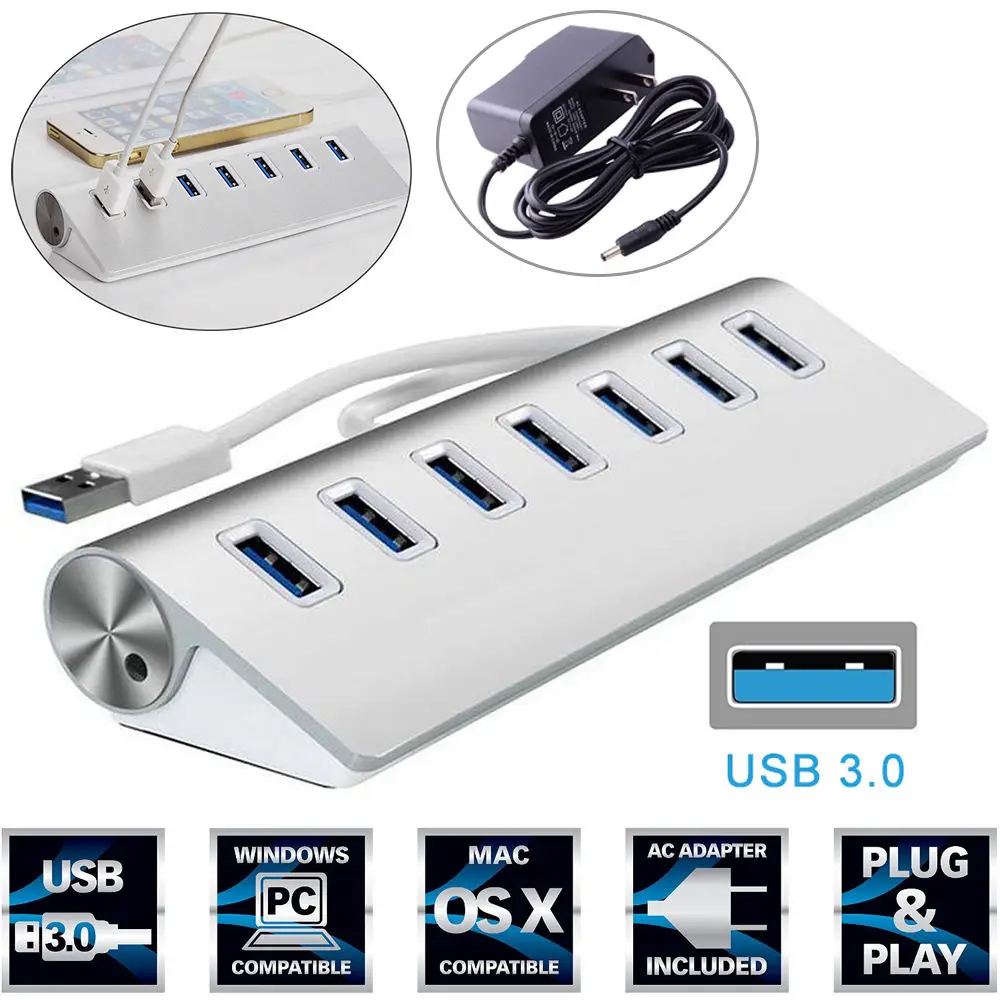 

7 Port Aluminum USB 3.0 HUB 5Gbps High Speed +AC Power Adapter For PC Laptop Mac US EU UK plug