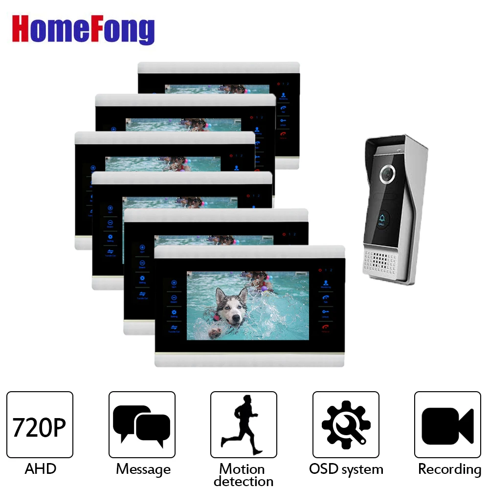 Видеодомофон Homefong 720P с водонепроницаемой камерой 6 комнатных мониторов 7