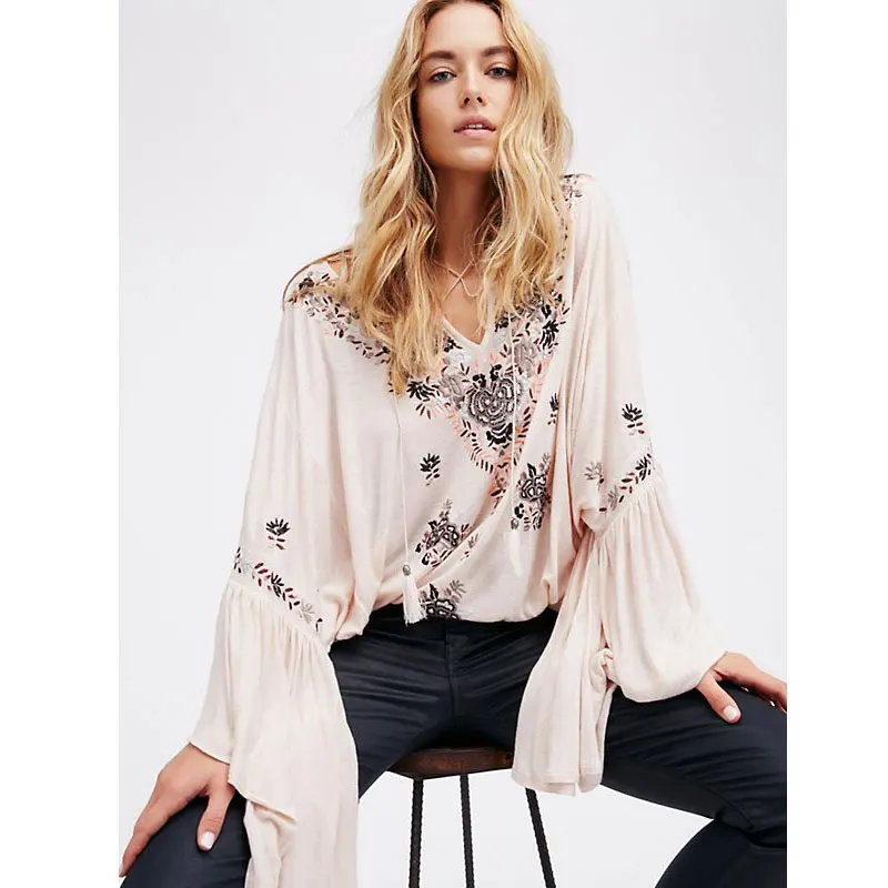 

Luckeytimes Siren Song Top Women Blusas Vintage Embroidery Floral Ruffle Cuffs V-Neck Plus Size Loose Shirt Tops Boho Blouse