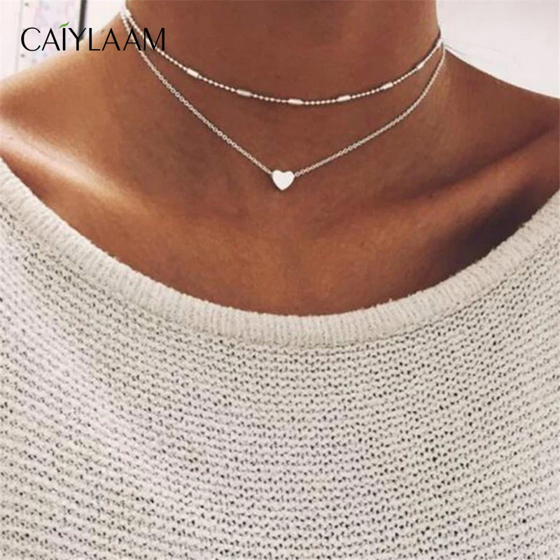 CAIYLAAM Simple Style Heart Layered Necklace Women Fashion Jewelry Gold Color Beads Chain for Ladies Gift | Украшения и