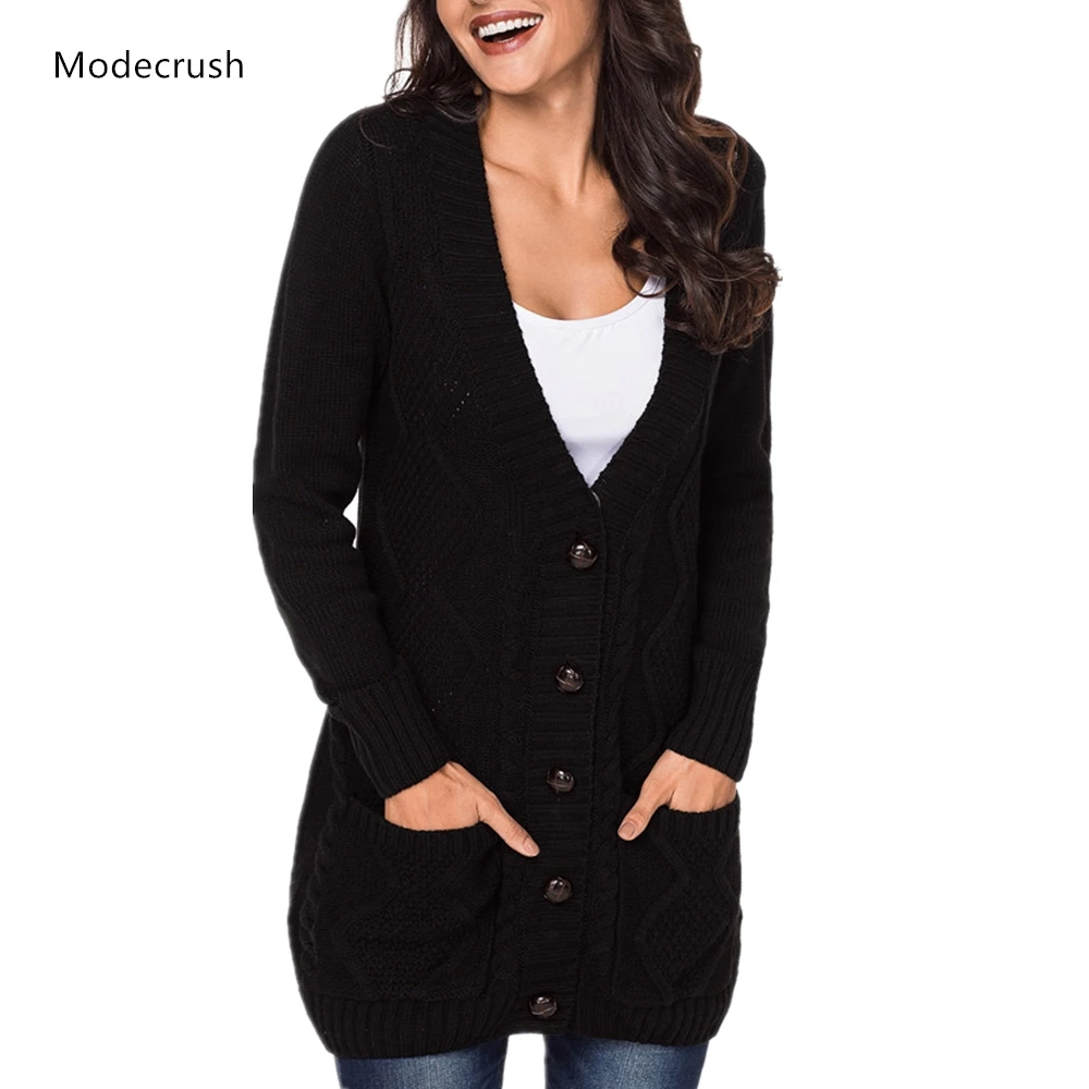 Modecrush Женские однотонные свитер пальто однобортный двойной карман джемпер