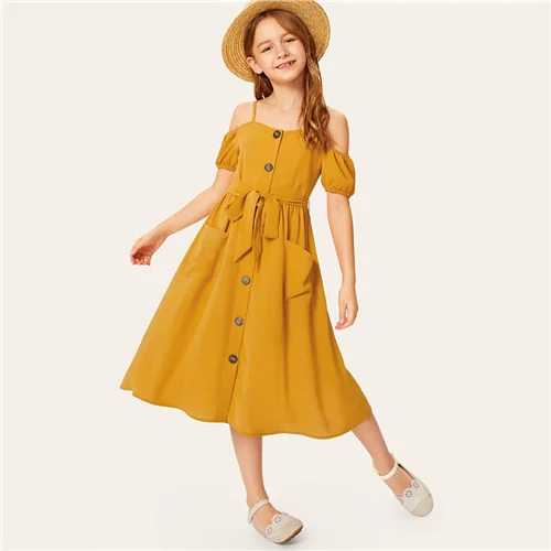 Ginger SHEIN/детское однотонное платье для девочек с открытыми плечами и одной пуговицей спереди, с поясом, платье в стиле бохо,, летние платья миди с короткими рукавами для отдыха - Цвет: Ginger