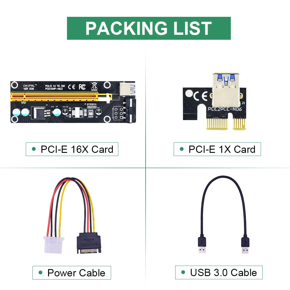 CHIPAL PCI E PCI-E Riser Card PCIE 1X to 16X Extender 15Pin SATA 4Pin Molex Power 0.3M USB 3.0 Cable for BTC LTC ETH Miner |