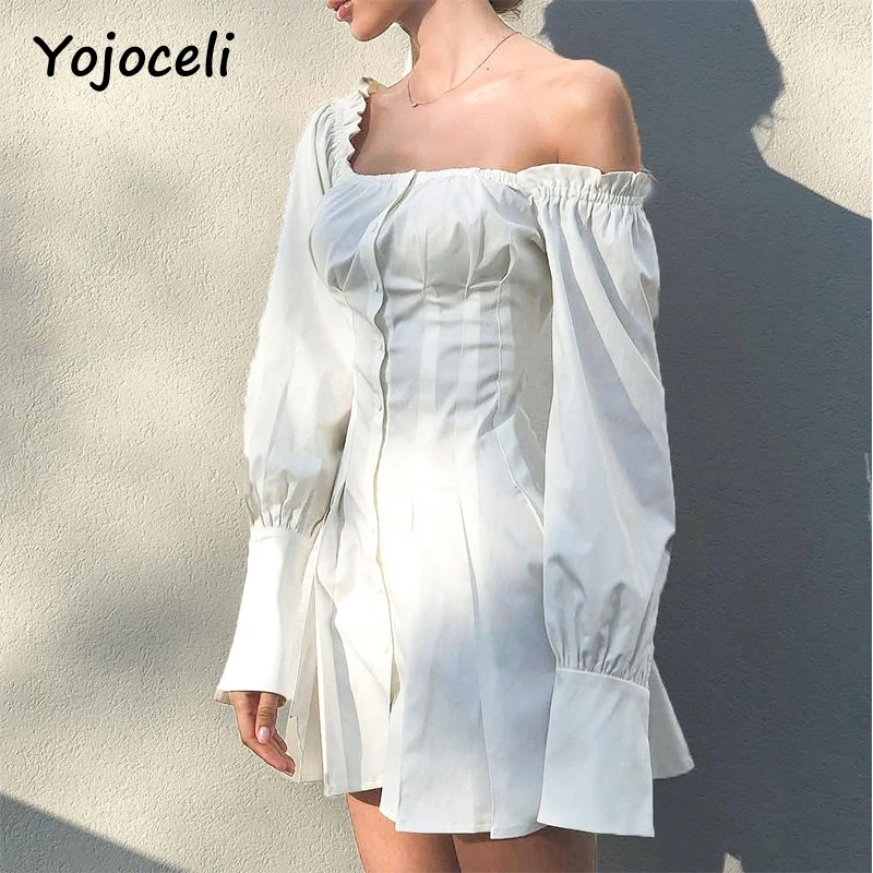 Yojoceli 2018 Новое весеннее шикарное белое гофрированное платье с длинным рукавом