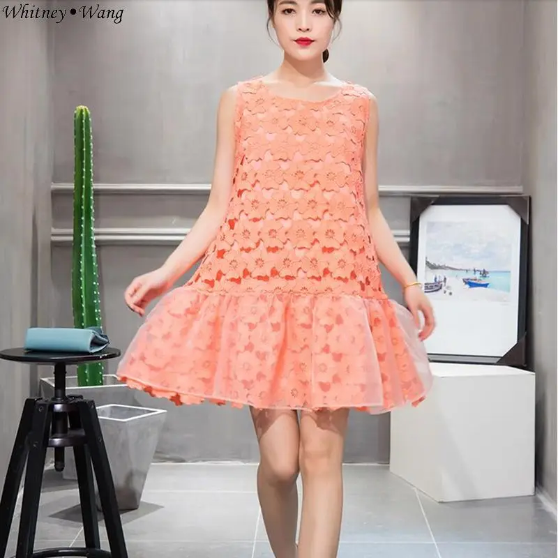 WHITNEY WANG 2019 летнее модное уличная Сетчатое кружевное платье с оборками в стиле