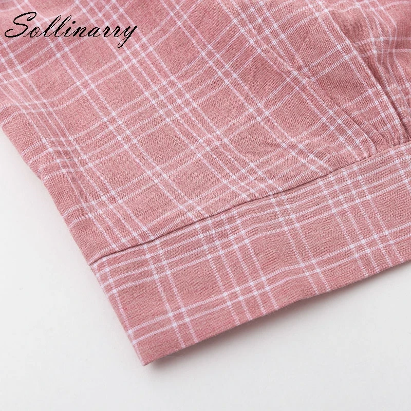 Sollinarry Pink plaid Long Sleeve Crop Womens Tops and Blouse Casual V-Neck Feminino Cardigan Bow Shirt Blusa |