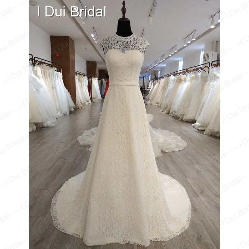 

High Neck Lace Wedding Dress A line Short Sleeve Crystal Belt Bridal Gown