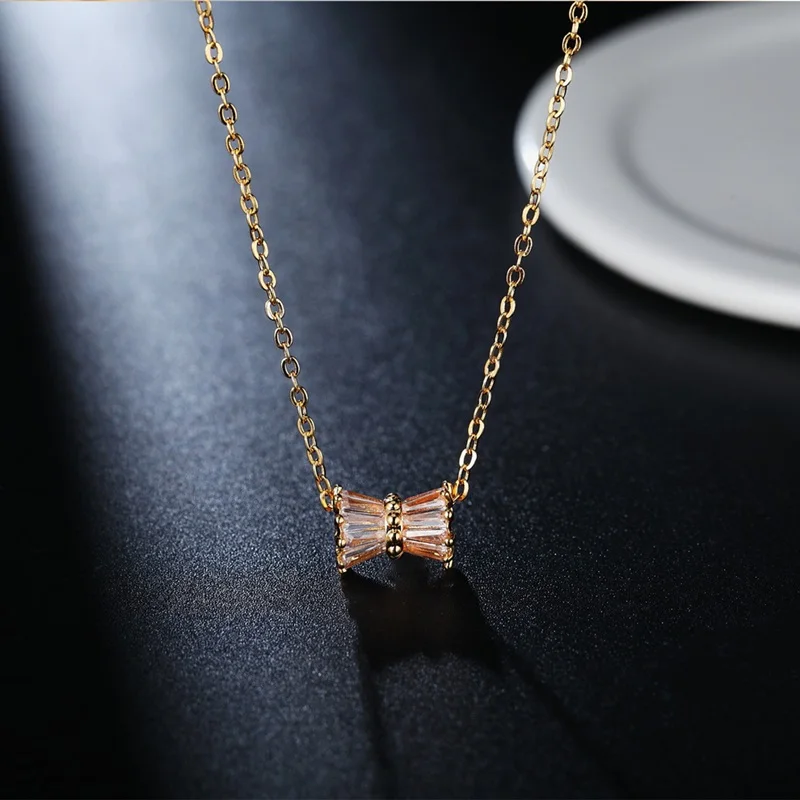 OMHXZJ Wholesale Personality Fashion OL Woman Girl Party Wedding Gift Gold Bowknot AAA Zircon 18KT Pendant Necklace NC145 | Украшения и