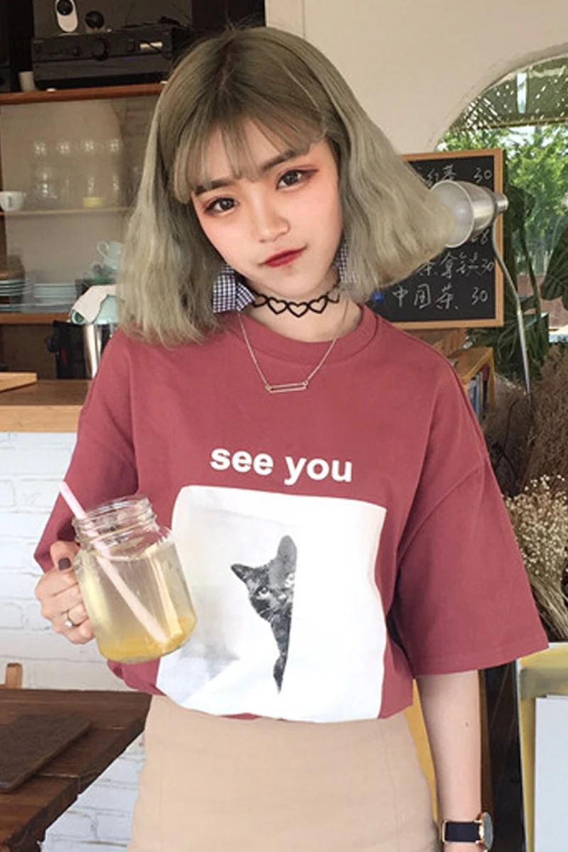 Женская свободная футболка Harajuku летняя Корейская с милым мультяшным рисунком