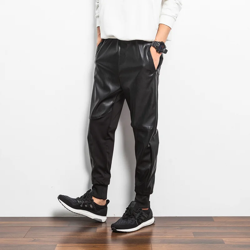 Мужские шаровары из искусственной кожи в стиле хип хоп черные спортивные брюки