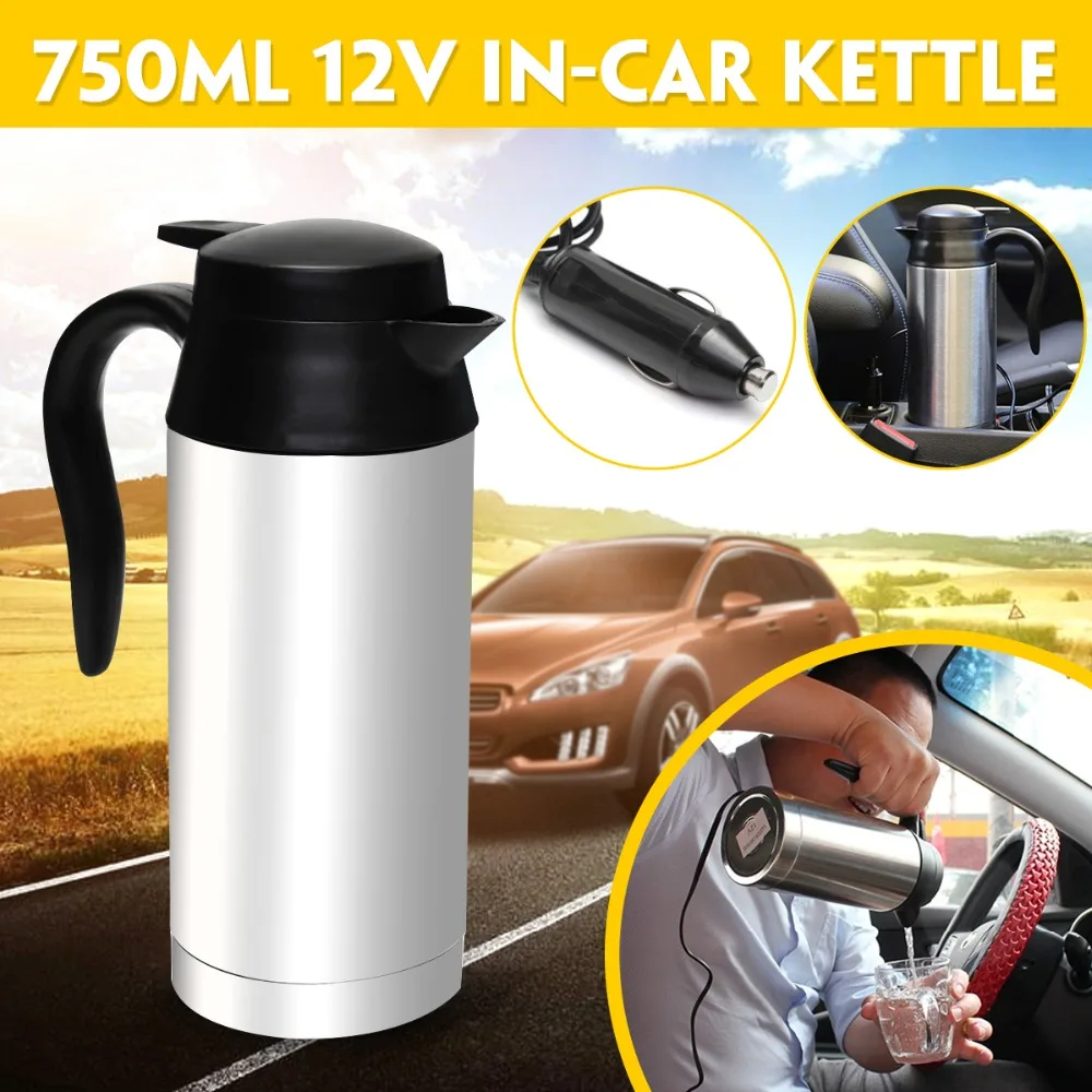 12V Electric Kettle 750ml Insulation Pot Stainless Steel In-Car Bottle Travel Trip Heated Mug Motor Hot Water For Car Truck