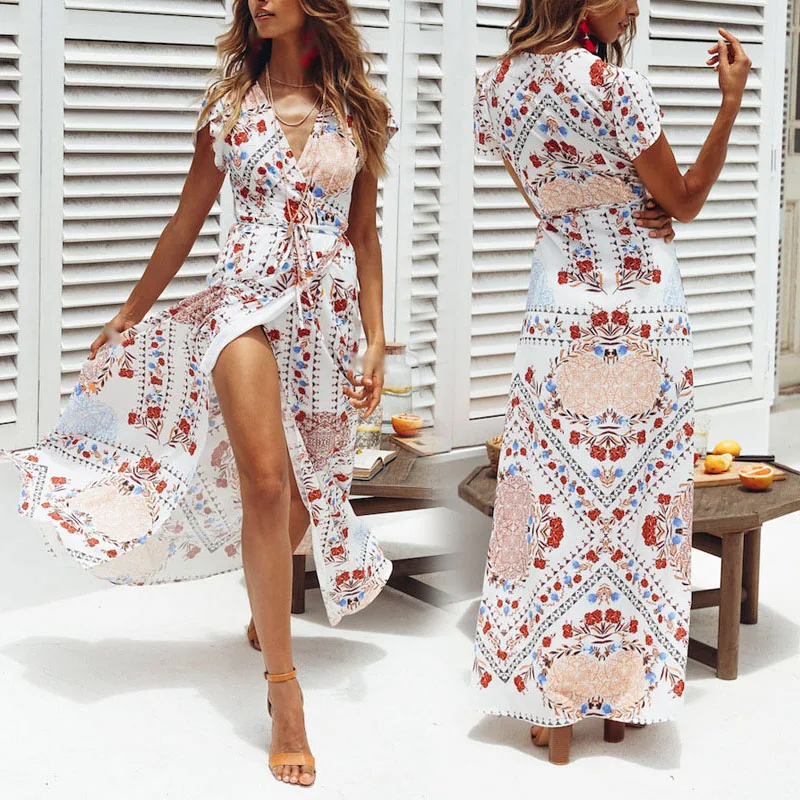 Women Dress Ladies Summer Ankle Length Maxi Fashion Waist belt Sundress Split Boho V Neck Retro Casual | Женская одежда