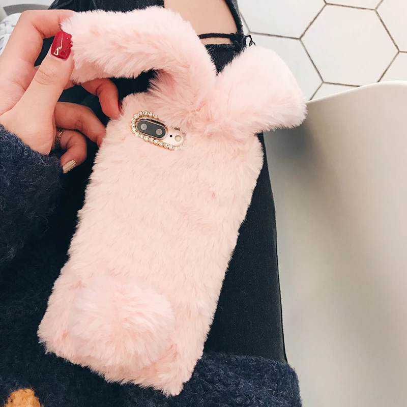For iPhone 7 Case 3D Cute Rabbit Hairy Warm Fur Bling Rhinestone Plush Bunny Cover for XS 4 4S 5 5S SE 6 6S 8Plus |
