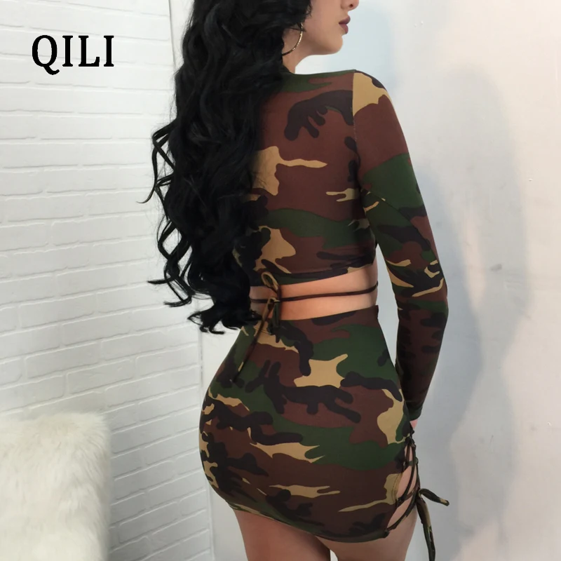 QILI летнее платье на шнуровке с камуфляжным принтом, комплект из двух предметов, Бандажное сексуальное облегающее платье с длинным рукавом, Короткое женское платье