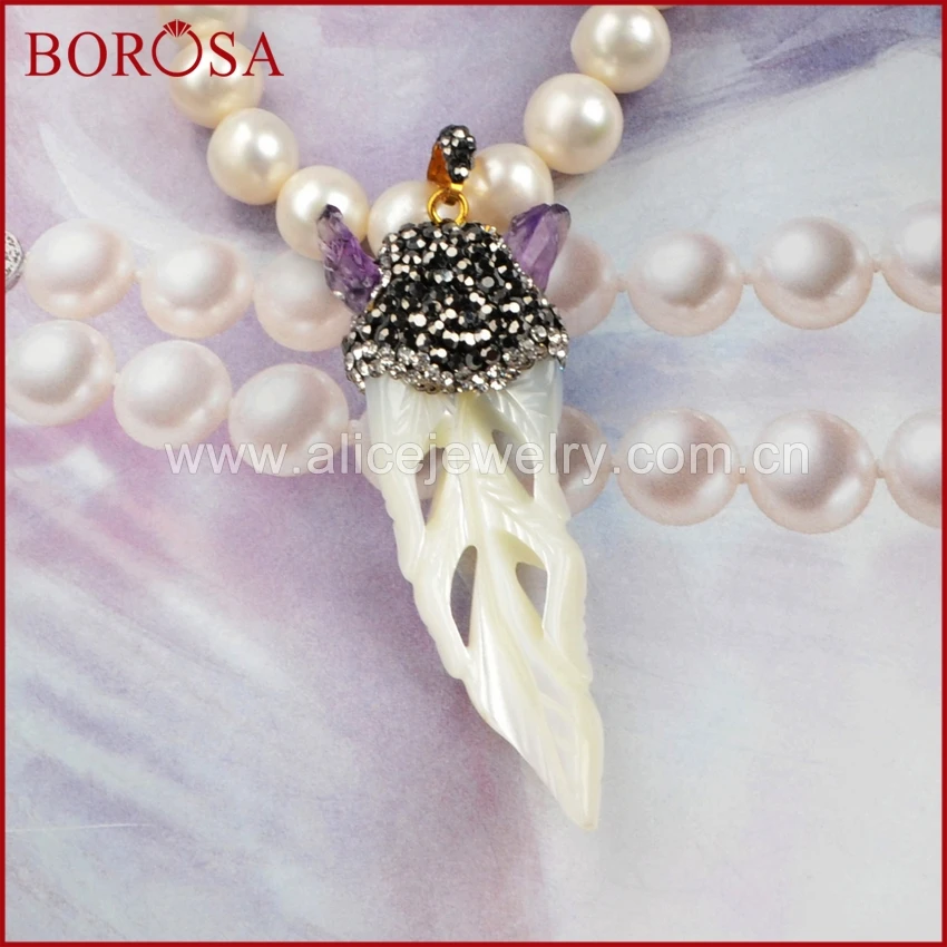 

BOROSA Self-design Hot Shell Carved Leaf Paved ZC on the Top with Hot Purple Tourmaline Pendant Vintage Pendant Beads JAB068