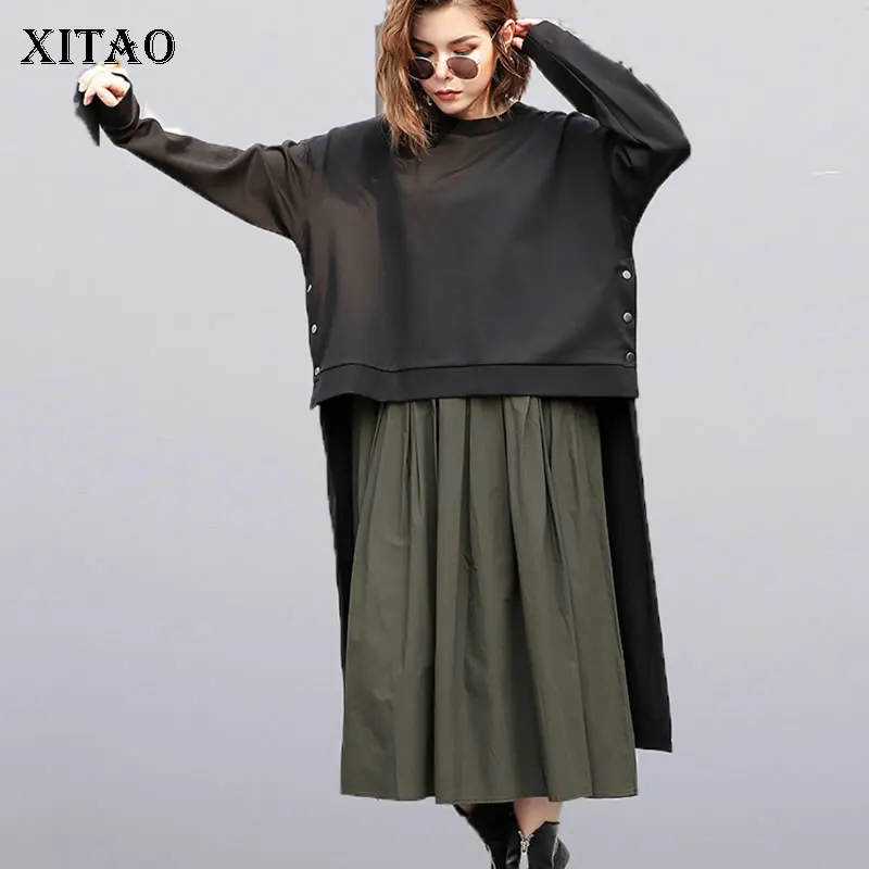 Женское асимметричное платье XITAO однотонное двойка с круглым вырезом и длинным