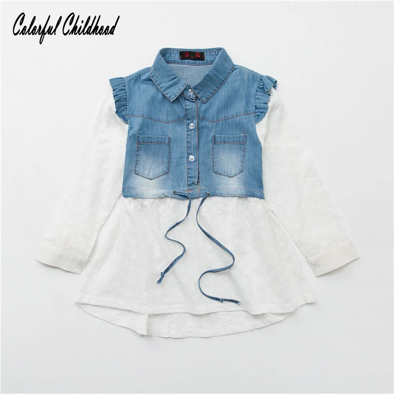 Рубашки для девочек новинка 2017 осенняя блузка маленьких джинсовые кружевные