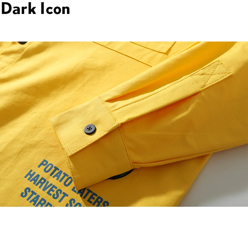 Dark Icon Letters Print Turn-down Collar Men's Shirt Long Sleeve Oversized Shirts Men Street for Yellow/Black | Мужская одежда