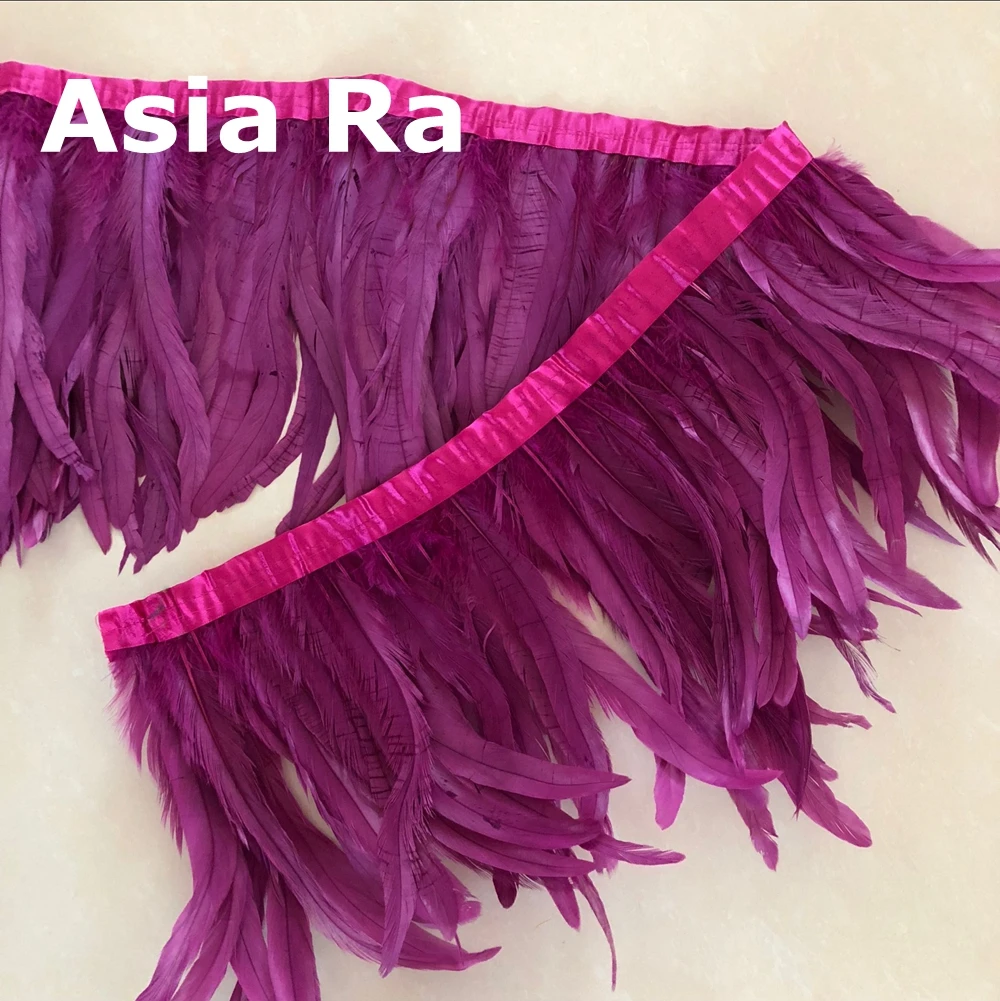 Asia Ra Fuchsia Color Dyed high quality rooster tails Feather trim on satin ribbon 12-14inch width DIY wedding feather boas | Дом и сад