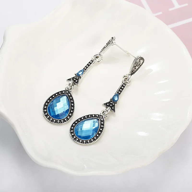 Новые модные Висячие серьги для женщин с синими кристаллами Длинные в виде капли