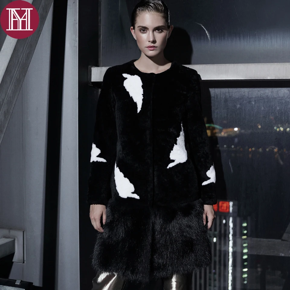 Fashion brand women fur coat lady luxury genuine lamb jacket with fox hem feather pattern natural outerwear 2018 | Женская одежда