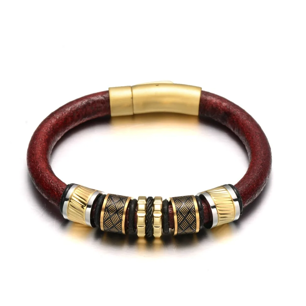 REAMOR Elegant Red Cowhide Leather Bracelet Black Gold Stainless steel Beads Matte Button Clasp Bracelets Bangles Male Jewelry