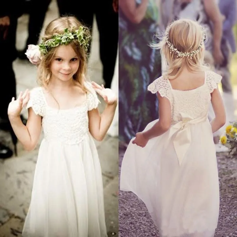 

Boho White Ivory Lace Flower Girl Dresses Cap Sleeves Chiffon Girls Formal Pageant Birthday Dresses First Communion Gown