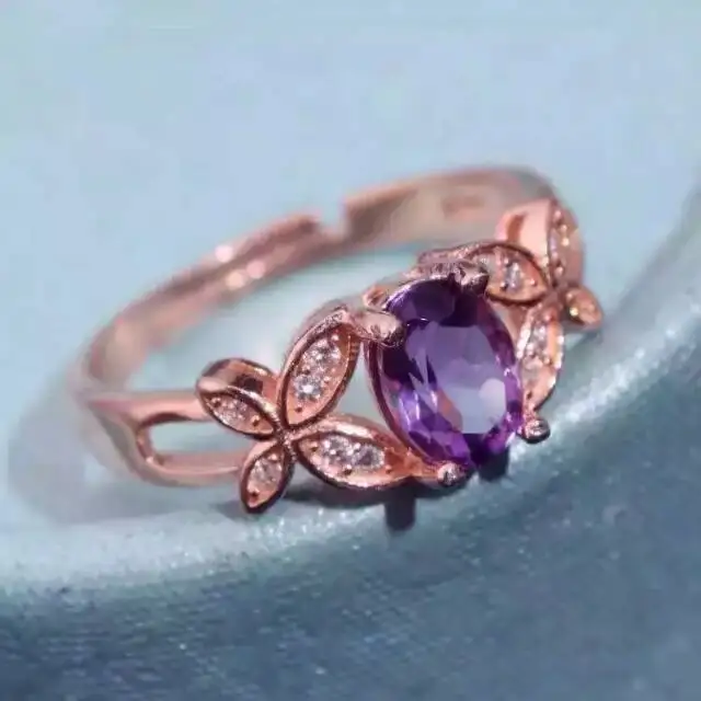 Natural amethyst Ring Natural gemstone ring S925 sterling silver trendy Elegant fine Bow scissors women girl gift Jewelry