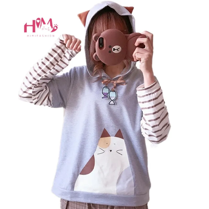 Мори Мода милый мультфильм белые толстовки Kawaii Девушка уха с капюшоном воротник