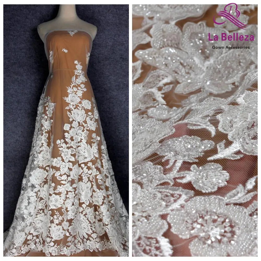 La Belleza Новое тяжелое вышитое бисером свадебное платье кружевная ткань off white beads блестки кружевная ткань большие цветы узор кружева 1 ярд