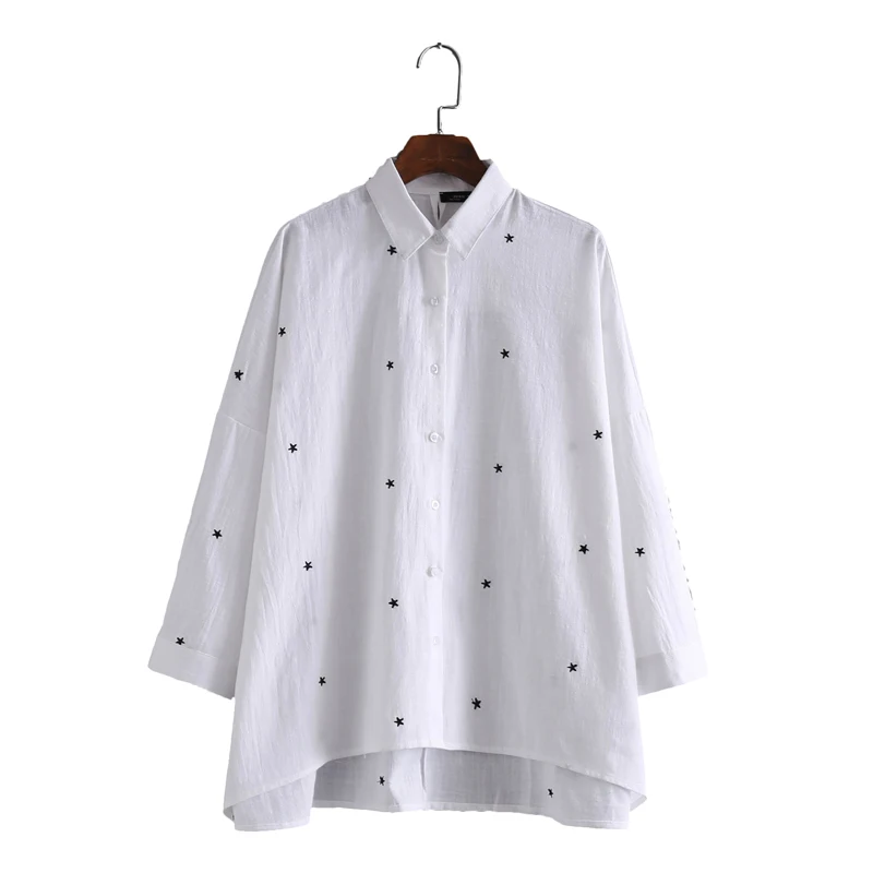 Women star embroidery loose shirts half sleeve turn down collar elegant blouse ladies casual office wear tops blusas LT1166 |