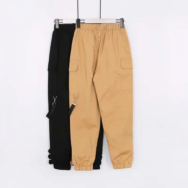 2018 women clothing elastic waist pockets solid cotton capris cargo pants Female fashion casual loose straight trousers K1994 | Женская