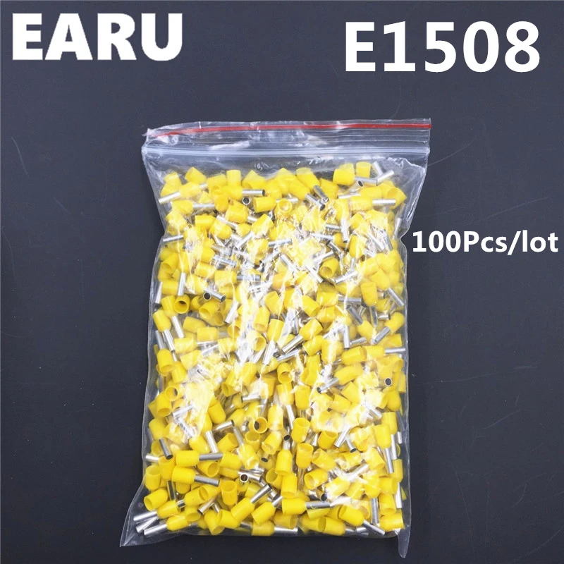 100 шт. E1508 изоляционная Изолированная клемма 1 5 мм2 16AWG Кабельный соединитель
