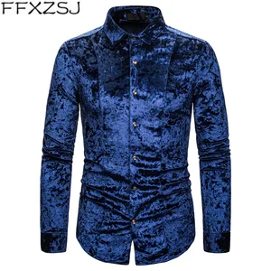 Мужская бархатная рубашка с длинным рукавом, Повседневная приталенная деловая рубашка, Осень-зима 2019