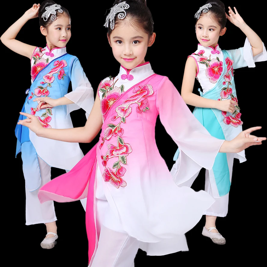 Chinese Traditional Dance Costumes Girls National Yangko Clothing Kids Fan Umbrella Stage Performance Ooriental Costume 89 | Тематическая