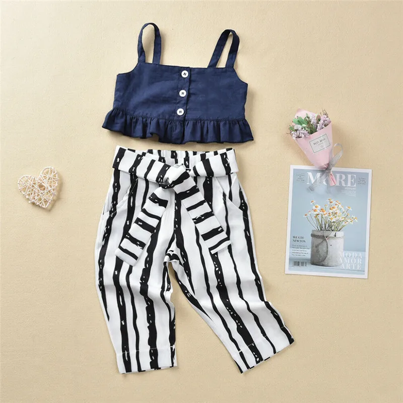 Летний модный комплект детской одежды из 2 предметов для девочек короткий топ на