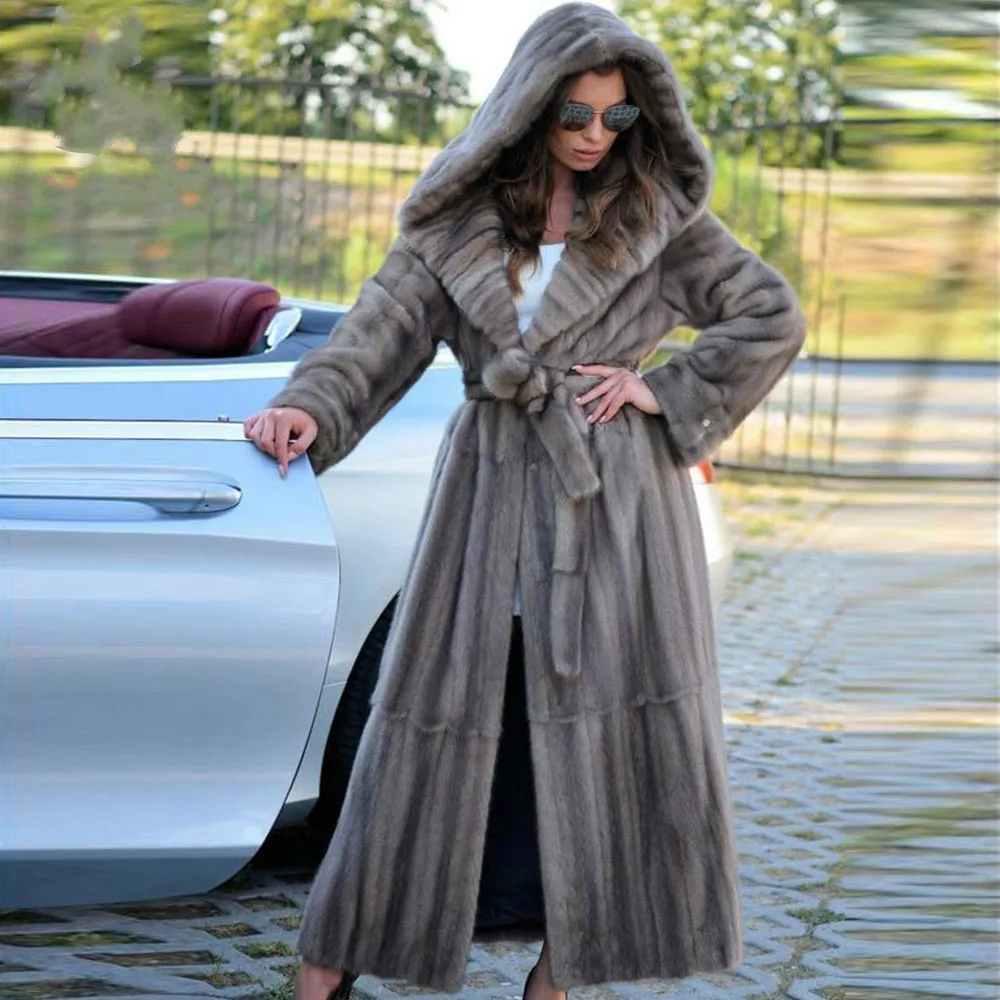 BFFUR 130cm Long Real Mink Fur Coat With Hood 2022 New Trendy Natural Mink Fur Overcoats Luxury Woman Fur Coat Natural Outwear