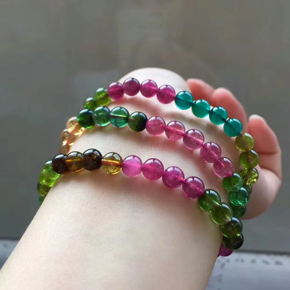 Genuine Natural Colorful Tourmaline Crystal Bracelet Fashion Woman Necklace Stretch 6.5mm Clear Round Beads 3 Laps AAAAA | Украшения и
