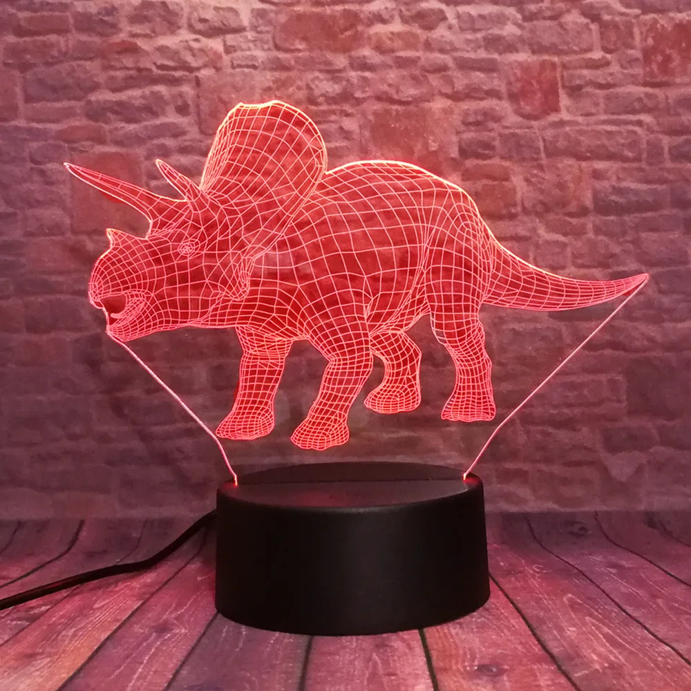 Трицератопс Динозавр 3D Иллюзионная Лампа 7 Цветов Изменения Пульта Дистанционного Управления Сенсорный LED Ночной Светильник Детская Лампара Декорация Для Сна Ребенка Xmas Party On.