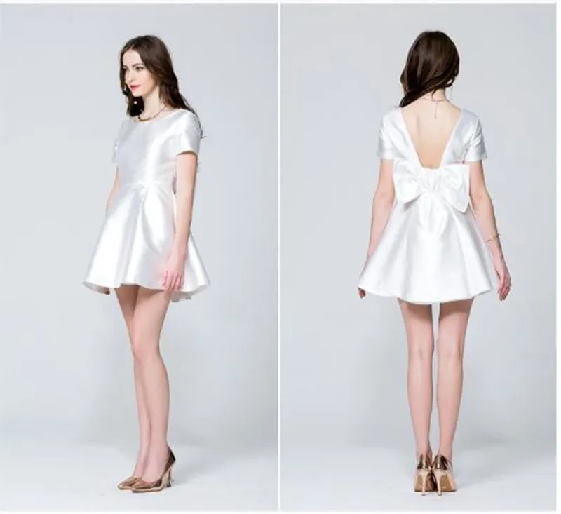 

Backless Party Dress Women Short Sleeves Sweet Bow Tie Formal Satin Mini Dress White Short Sexy Vintage A Line Dresses Vestidos