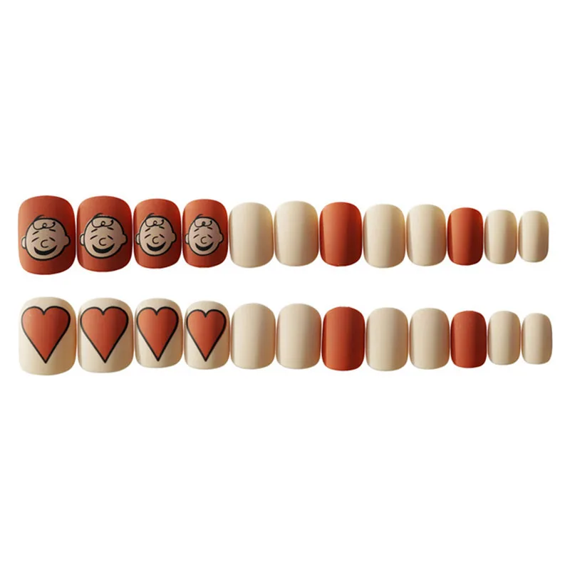 24pcs Korean Orange Love Heart Short Jump Color Fake Nail Round Manicure Art Stickers False Tip With Glue | Красота и здоровье