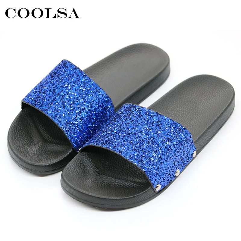 Coolsa новый летний Для женщин шлепанцы Bling Шлёпанцы для сверкающими Блёстки