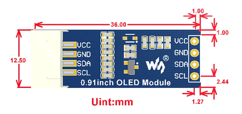 Модуль OLED-дисплея 0 91 дюйма 128x32 пикселя встроенный интерфейс I2C драйвер SSD1306 |