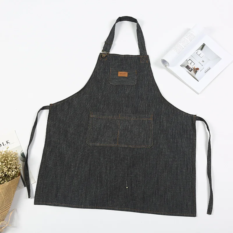 

Denim Kitchen Cooking Apron with Adjustable Cotton Strap Large Pockets Blue Barista Men and Women Homewear