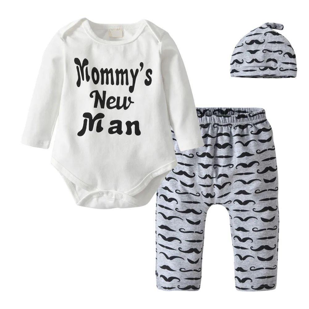 Newborn Baby Boy Clothes Mommy's New Man Print Long Sleeved Romper Tops Moustache Pant and Hat Infant 3pcs Clothing Set |