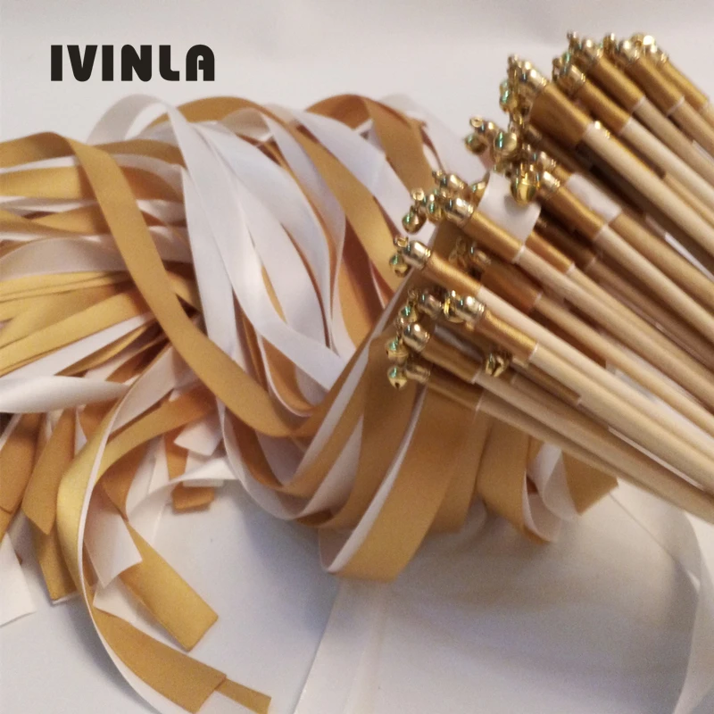 

50pcs/lot Gold and white wedding ribbon wands with gold bells for wedding decoration